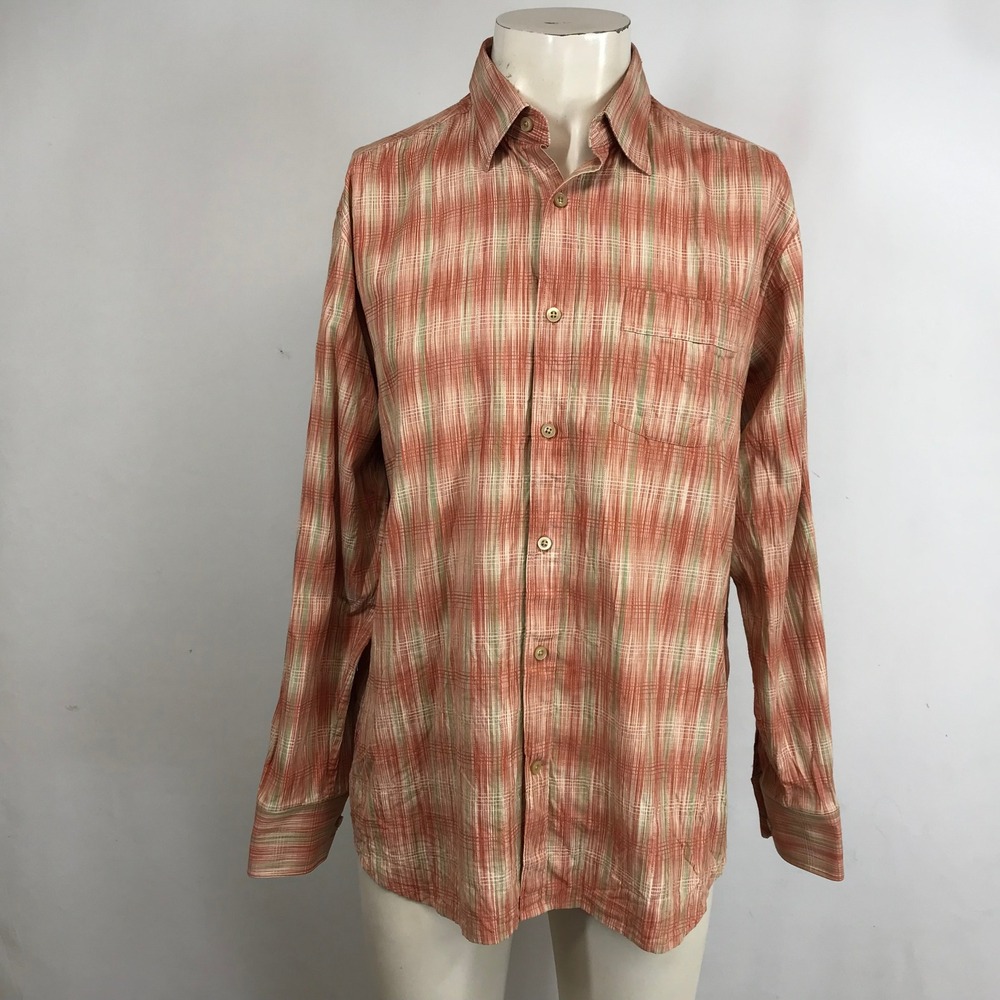 Tommy Bahama Mens Plaid Button Down Shirt Long Sleeve Silk Cotton Orange Green M